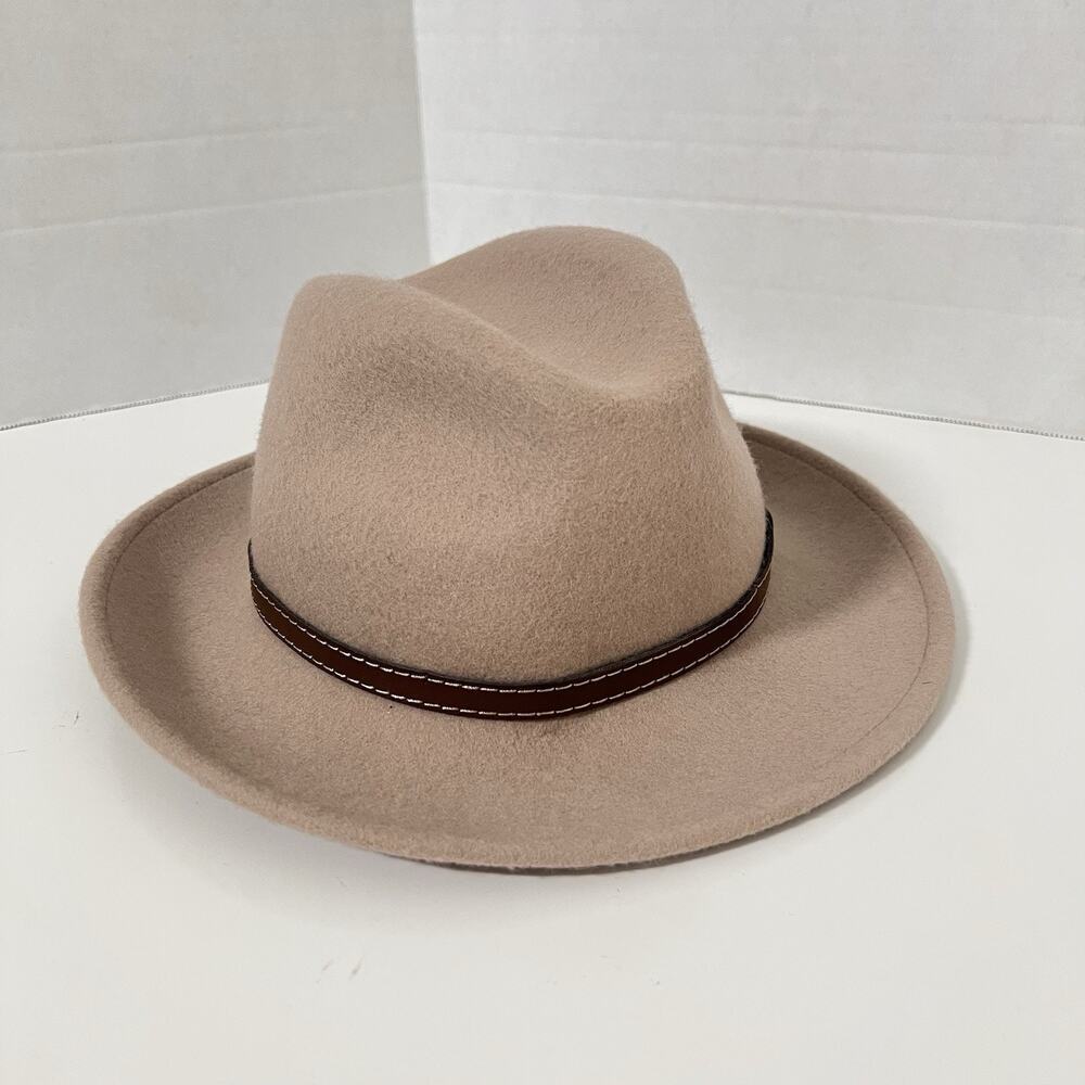 Women Galliano Sorbatti Wool Hat Medium Leather Band Fedora Taupe Made In Italy - Picture 2 of 9
